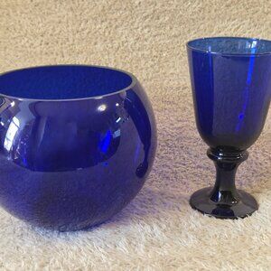 Cobalt Blue Glass Bowl Vase + Goblet, Set of 2